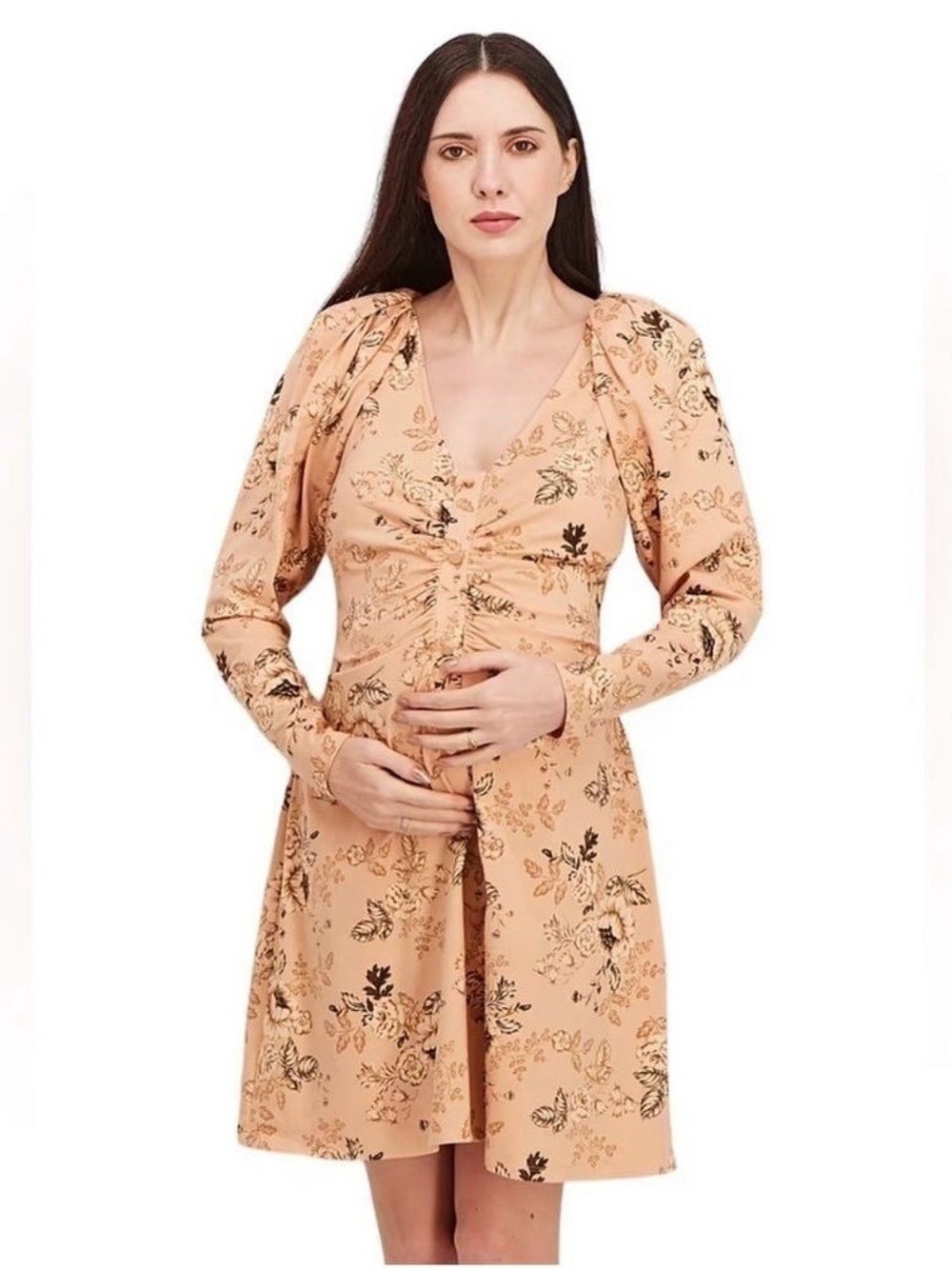 ASOS Design Maternity Dress Womens Sz 16 Pink Peach Blush Floral V Neck Autumn